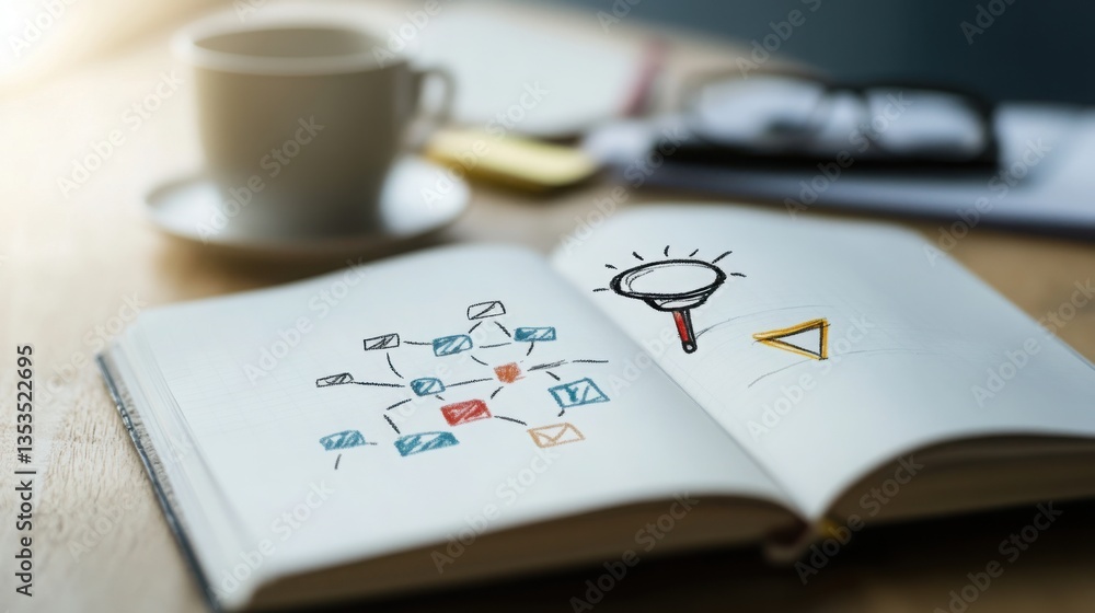 Poster modern desk with open notebook and coffee cup for creative strategy