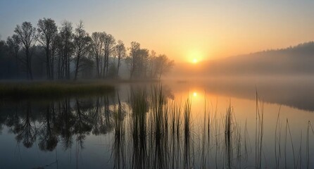 Fototapeta premium Misty sunrise over calm lake with tree reflections and golden sky.