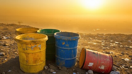 Obraz premium oil barrels at sunset