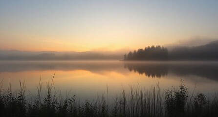 Misty sunrise over calm lake with tree reflections and golden sky.