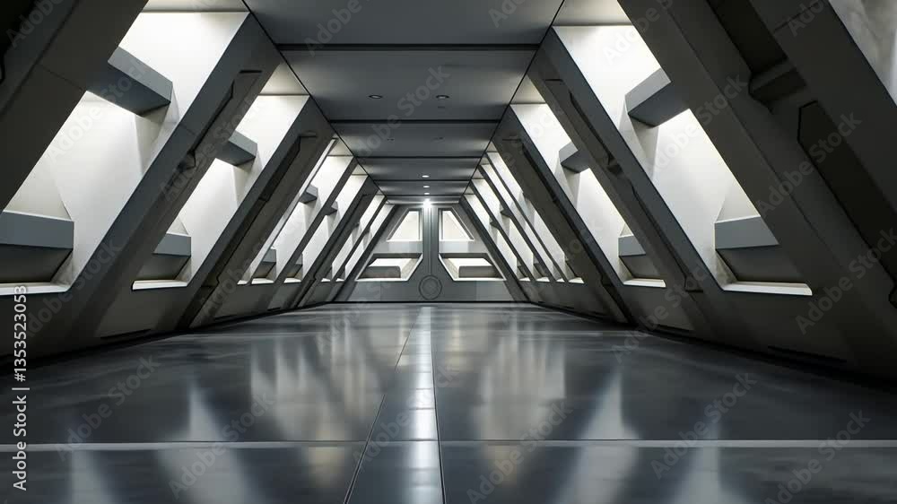 Poster modern, futuristic hallway with sleek design. a spacious corridor with angular architectural element