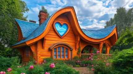 A picturesque wooden home with a caramel-toned finish, curved fantasy-style roof, and a radiant blue heart-shaped window. 