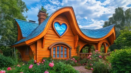 A picturesque wooden home with a caramel-toned finish, curved fantasy-style roof, and a radiant blue heart-shaped window. 