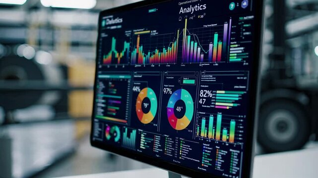 Close-up angle of a computer screen displaying colorful data analytics charts and graphs, resembling a video editing interface in a modern office.