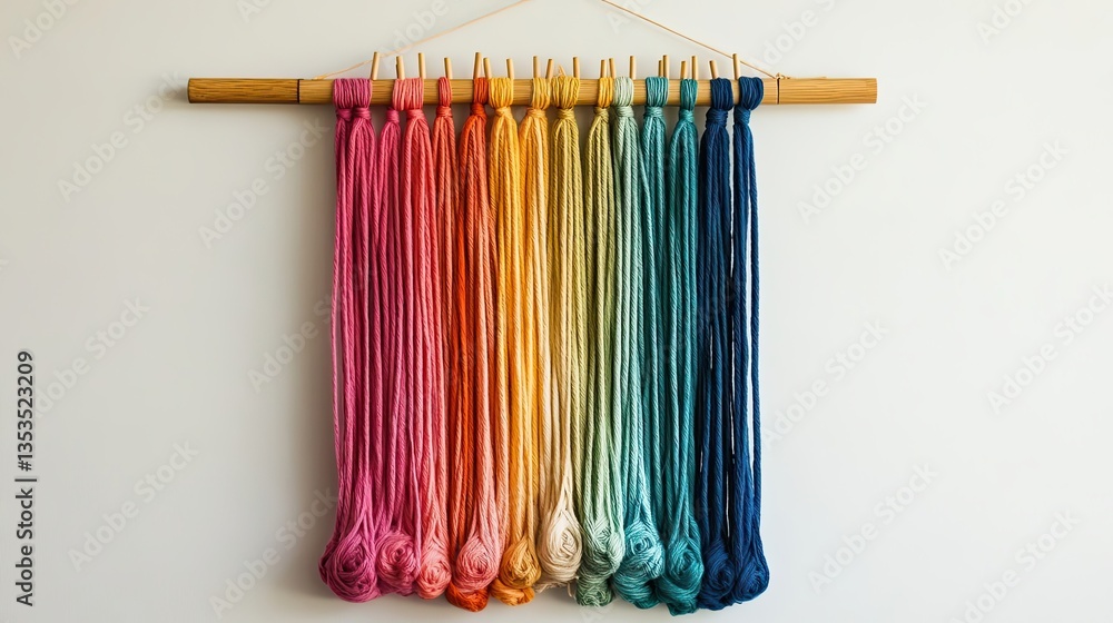 Poster a colorful display of hanging yarns in rainbow gradient