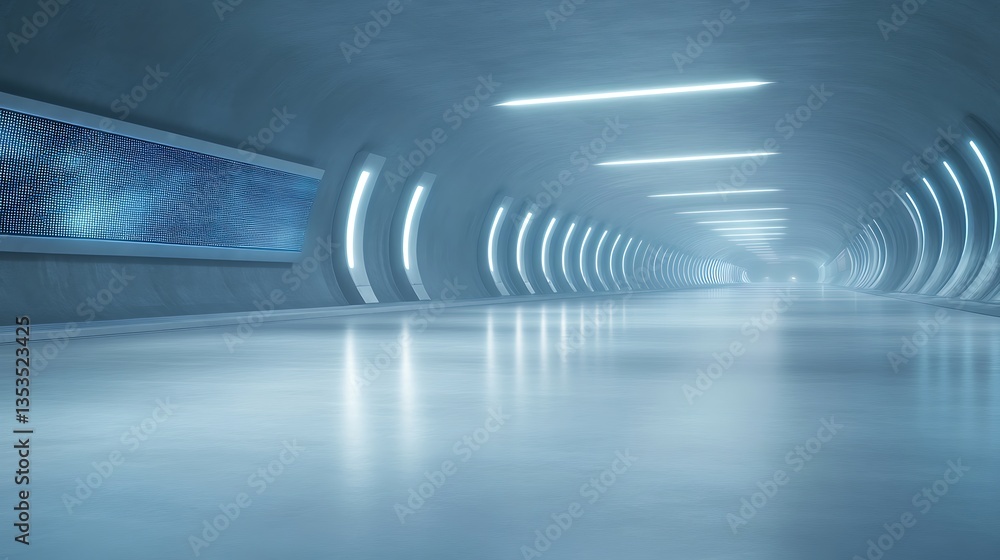 Poster futuristic tunnel with blue lighting and smooth surfaces, creating a sleek, modern atmosphere.