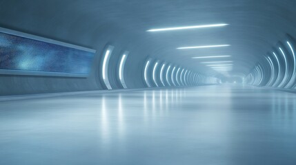 Futuristic tunnel with blue lighting and smooth surfaces, creating a sleek, modern atmosphere.