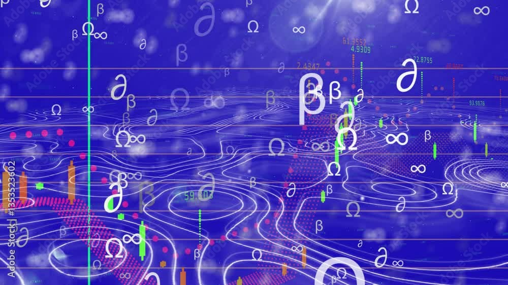 Poster floating mathematical symbols and graphs over blue digital animation landscape