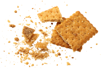 Crumbled graham crackers scattered on white background during a baking activity