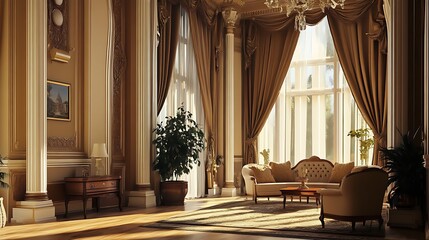 A grand Victorian-style living room with heavy drapes slightly parted, allowing only a sliver of light to enter 