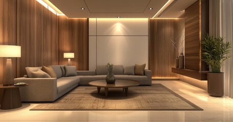 Modern Living Room with Wooden Paneling, Soft Lighting, and Elegant Sofa Layout, Creating a Cozy, Luxurious Atmosphere for Socializing and Relaxing.