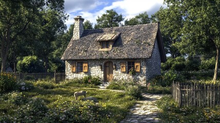 Fototapeta premium Stone Cottage in a Lush Garden
