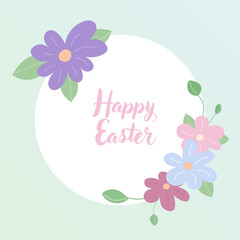 Vector Easter floral frame with pastel flowers and white circular space for text. Perfect for greeting cards, invitations and festive designs. Soft color palette
