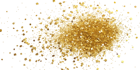 Sparkling golden glitter scattered on a white background for creative projects