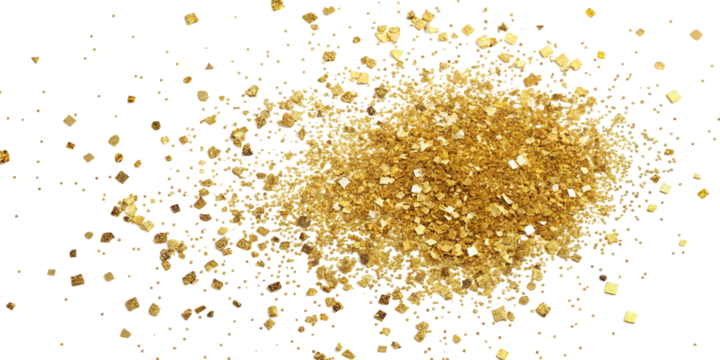 Sparkling golden glitter scattered on a white background for creative projects