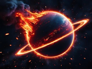 Obraz premium Futuristic digital artwork of a fiery, cracked planet engulfed in flames and smoke, depicting a cosmic catastrophe, energy explosion, or apocalyptic space scene with dramatic lighting