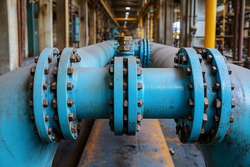 Blue industrial pipes connected with bolts and flanges inside a building