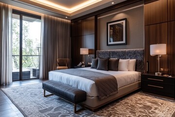 Fototapeta premium A luxuriously designed modern bedroom with elegant furnishings and natural light