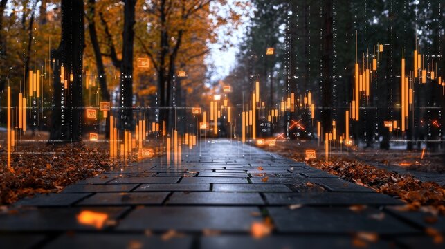 A dreamy autumn park scene with stock chart visuals appearing in the background, futuristic financial forecasting.