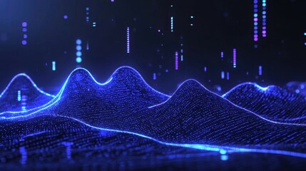 Abstract blue digital rain with cascading binary code, glowing futuristic data flow, cyber network background.