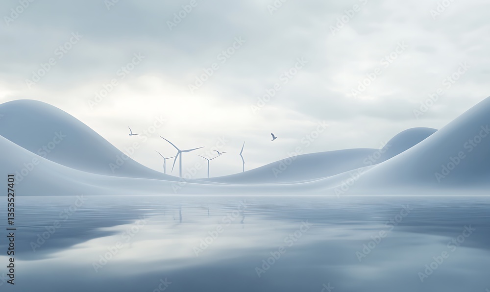 Aufkleber serene landscape with wind turbines and gentle hills reflected in calm water under a cloudy sky.