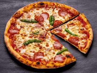 A delicious pepperoni pizza with jalape?os, featu a single slice removed, placed on a stylish dark gray surface for a tempting culinary presentation.