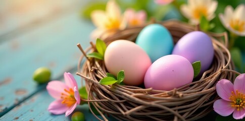 Fototapeta premium Close-up of pastel colored eggs in a nest with spring flowers, colorful, nest, spring