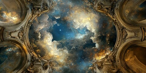 An ornate, celestial scene blending classical baroque elements with cosmic beauty