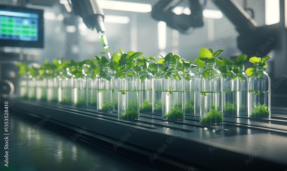 Poster rows of small plants in glass bottles under artificial lighting in a modern greenhouse setting.