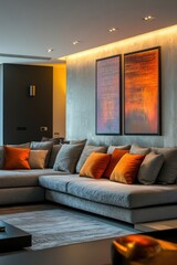 Fototapeta premium Contemporary living room with a sectional sofa, artistic decor, and warm LED ambient lighting.