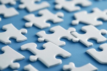 White puzzle pieces on blue background. (1)