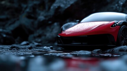 Obraz premium Red sports car in a rocky, wet environment