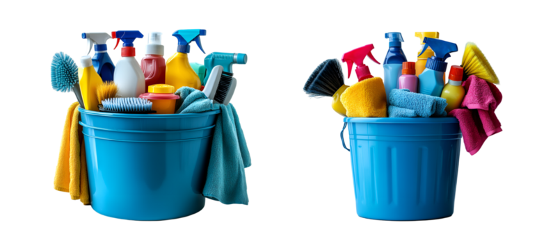 Cleaning supplies in a blue bucket cleaning tools towels cleaning products home cleaning - Powered by Adobe