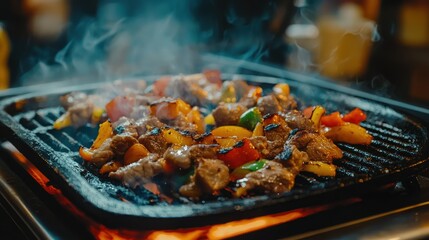 Electric Grill with Sizzling Meat and Vegetables