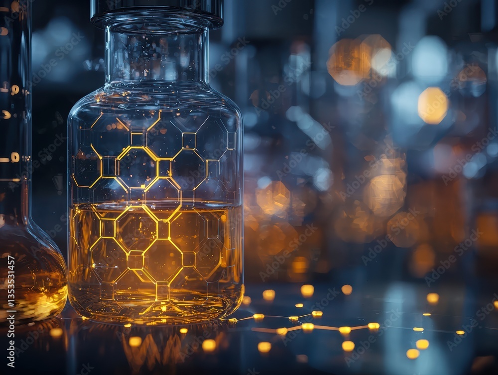 Poster glass laboratory flask filled with glowing orange liquid, featuring hexagonal molecular structure ov