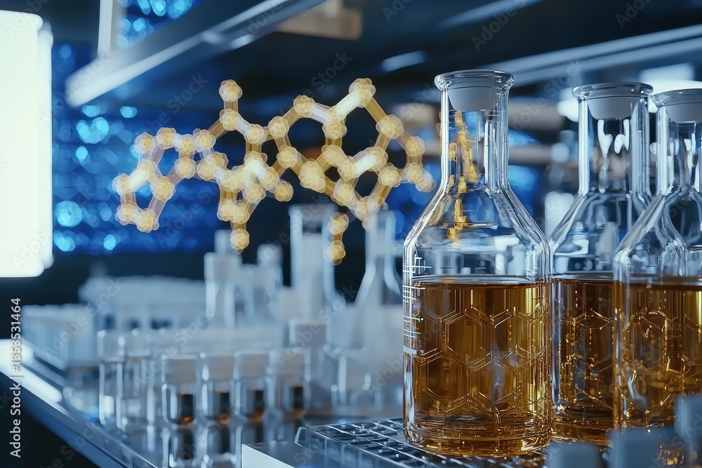 Poster laboratory setting with glass flasks containing amber liquid, showcasing chemical structures in back