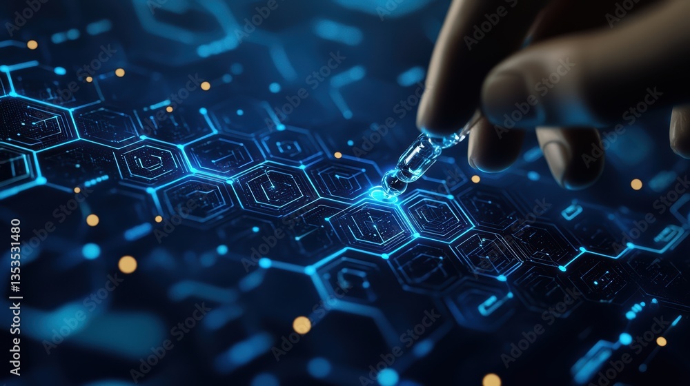 Poster hand is interacting with digital interface featuring hexagonal patterns and glowing blue lines, symb