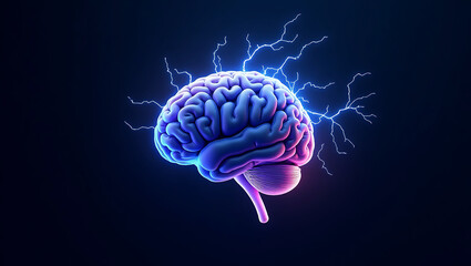Obraz premium Human brain digital illustration. Electrical activity, flashes and lightning on a blue background. ai artificial intelligence Digital Illustration of the Human Brain. Electrical Activity, Flashe Backg