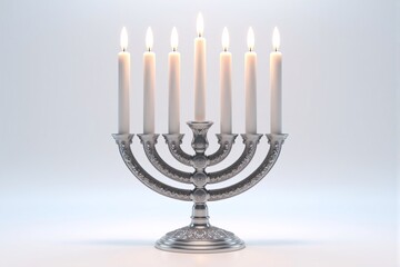 Traditional Silver Menorah with Lit Candles on a Light Background, Symbolizing Hanukkah Celebrations for Festive Holiday Decor or Cultural Content