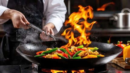 A chef stir-fries colorful vegetables in a sizzling wok, creating a dramatic flame and steam in a professional kitchen setting, Vegan Meal Prep .