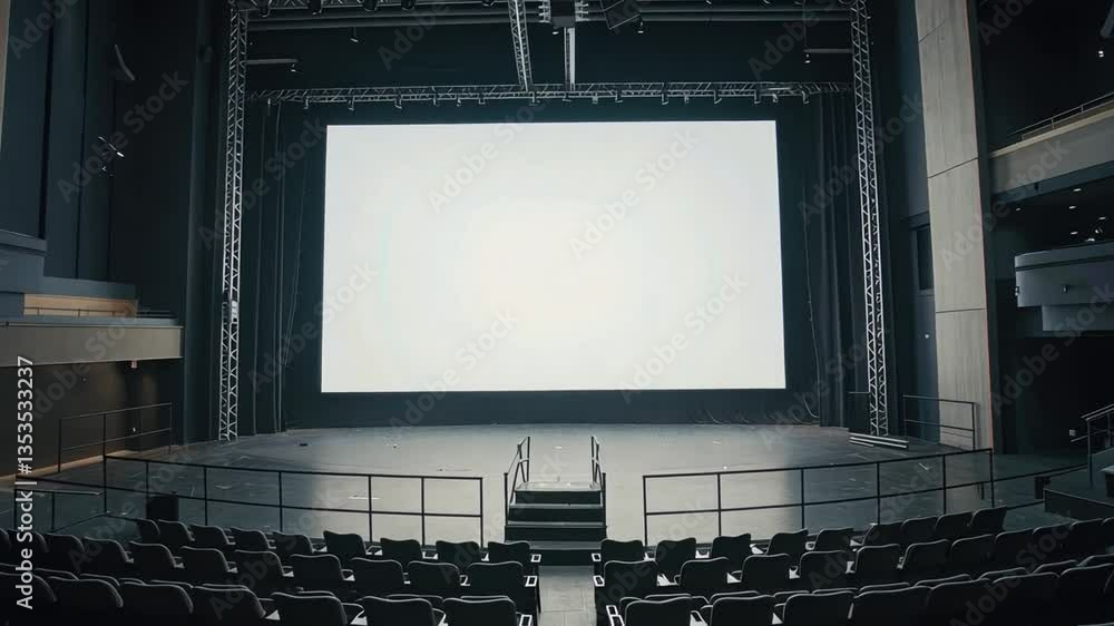 Poster modern theater architecture spacious auditorium with empty seats, inviting lighting, and blank scree