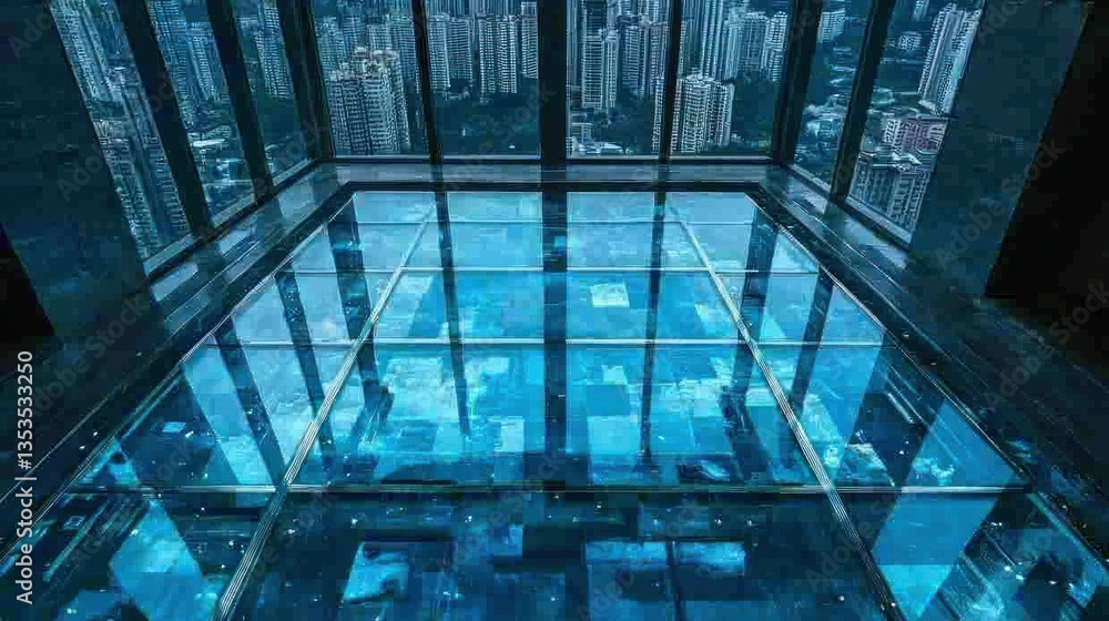 Poster glass flooring with a view of the level below in a high-rise building