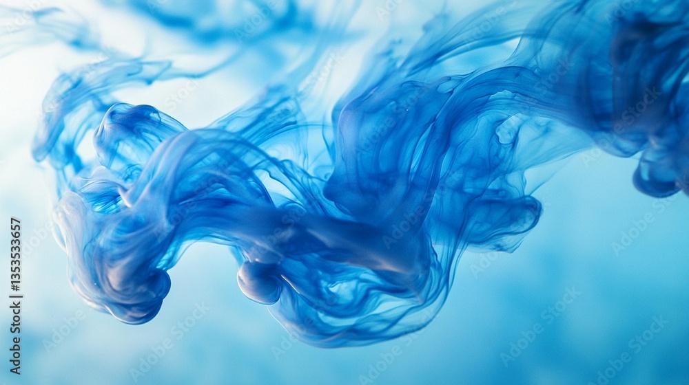 Poster abstract blue ink swirling in water, creating dynamic, flowing patterns and textures.