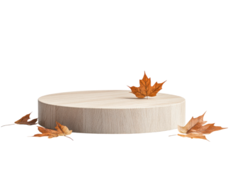 Round Wooden Display Stand with Autumn Maple Leaves Decoration. Isolated on a Transparent Background