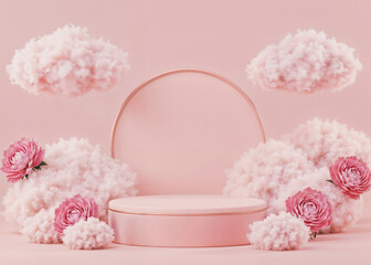 3D display podium, Romantic Pink Floral Elegant Display Podium, Nature cosmetic field scene