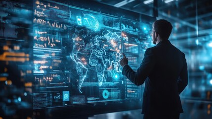 Strategic analysis: cyber defense expert in war room observes global threat activity
