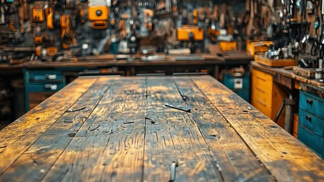 Rustic Workbench: A detailed view of an old wooden workbench in a workshop filled with tools, capturing the essence of craftsmanship, resourcefulness, and the charm of well-worn objects.