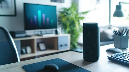 Home Office with Smart Gadgets and a Voice Assistant on the Desk