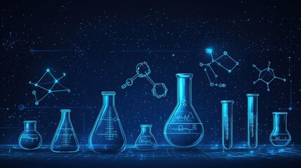 Glowing molecular structures, chemical equations, and lab glassware silhouettes on a futuristic blue science-themed background.