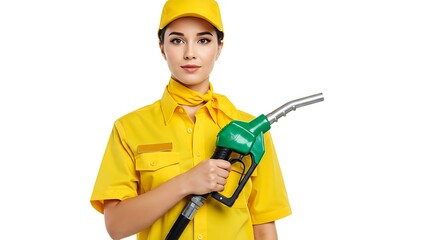 Fototapeta premium Woman Worker Holding Gas Nozzle in Uniform Isolated on White